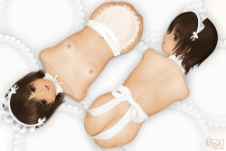 Rule 34 | 2girls, acerbi, amputee, apron, ass, breasts, brown eyes, brown hair, detached collar, female focus, limbless, looking at viewer, looking back, maid headdress, multiple girls, naked apron, navel, nipples, original, pussy, quadruple amputee, short hair, small areolae, small breasts, small nipples, uncensored, waist apron
