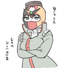 Rule 34 | 10s, 1girl, balaclava, breasts, brown hair, coat, cosplay, crossed arms, female focus, flat color, g gundam, garrison cap, girls und panzer, grey eyes, gundam, hat, high collar, mo (kireinamo), nishizumi maho, scarf, schwarz bruder, schwarz bruder (cosplay), simple background, solo, trait connection, translation request, trench coat, white background