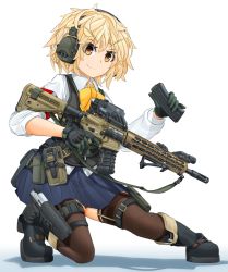 Rule 34 | 1girl, ar-15, armband, assault rifle, black footwear, blonde hair, blouse, blue skirt, boots, bow, bowtie, brown thighhighs, bulletproof vest, closed mouth, collared shirt, commentary request, gloves, green gloves, gun, handgun, headphones, highres, holding, holster, long sleeves, looking at viewer, magazine (weapon), messy hair, mikeran (mikelan), miniskirt, on one knee, orange eyes, original, pleated skirt, pouch, rifle, school uniform, shadow, shirt, short hair, simple background, skirt, sleeve rolled up, smile, solo, thigh holster, thigh pouch, thigh strap, thighhighs, trigger discipline, v-shaped eyebrows, weapon, white background, white shirt, wing collar, yellow bow, yellow bowtie