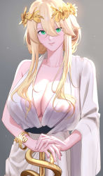Rule 34 | 1girl, absurdres, ahoge, artoria pendragon (fate), artoria pendragon (lancer) (fate), blonde hair, blush, bracelet, breasts, cleavage, collarbone, dress, fate/grand order, fate (series), greco-roman clothes, green eyes, hair between eyes, highres, jewelry, large breasts, laurel crown, long hair, looking at viewer, n.e (sakura-233), roman clothes, sidelocks, single bare shoulder, single sleeve, smile, solo, staff, toga, white dress, wide sleeves