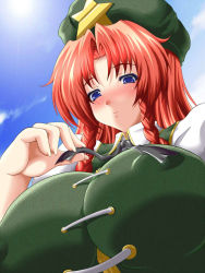 Rule 34 | 1girl, beret, blue eyes, blush, braid, breasts, chinese clothes, dutch angle, covered erect nipples, from below, hat, hong meiling, huge breasts, long hair, red hair, sky, smile, solo, star (symbol), touhou, twin braids, wontam