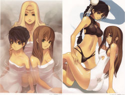 Rule 34 | 00s, 3girls, absurdres, age difference, alternate hairstyle, ar tonelico, ar tonelico i, arm support, armpits, ass, aurica nestmile, back, between thighs, bikini, black bikini, blonde hair, blue eyes, blue hair, braid, breasts, brown hair, bun cover, casual one-piece swimsuit, circlet, claire branch, cleavage, cleavage cutout, clothing cutout, double bun, dutch angle, flat chest, gem, groin, gust, hair between eyes, hair bun, hair over shoulder, halterneck, hand on another&#039;s shoulder, hand on thigh, highres, kneeling, kneepits, large breasts, light smile, lipstick, long hair, looking at viewer, looking back, lowleg, lowleg bikini, makeup, mature female, medium breasts, misha arsellec lune, mole, mole under mouth, multiple girls, nagi ryou, naked towel, navel, official art, one-piece swimsuit, onsen, partially submerged, print bikini, print swimsuit, profile, ribbon, scan, scan artifacts, scrunchie, shadow, shiny skin, side cutout, sideboob, sidelocks, simple background, single hair bun, sitting, small breasts, smile, sports bikini, straddling, swimsuit, towel, water, wet, white background, white one-piece swimsuit