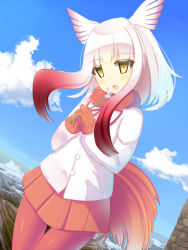 Rule 34 | 10s, 1girl, bird tail, blue sky, blunt bangs, cloud, day, flower, gloves, head wings, highres, holding, holding flower, japanese crested ibis (kemono friends), kemono friends, liya, long sleeves, looking at viewer, medium hair, miniskirt, multicolored hair, pantyhose, pleated skirt, red gloves, red pantyhose, red skirt, shirt, silver hair, skirt, sky, solo, standing, tail, two-tone hair, white shirt, wings, yellow eyes