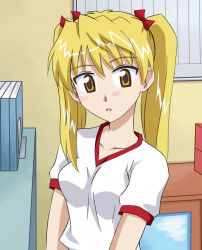 Rule 34 | 00s, 1girl, blonde hair, blush, gym uniform, indoors, long hair, looking at viewer, sawachika eri, school rumble, short twintails, solo, twintails, yellow eyes