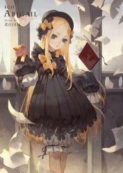 Rule 34 | 1girl, abigail williams (fate), black bow, black dress, black hat, blonde hair, bloomers, blue eyes, book, bow, bug, butterfly, character name, commentary request, day, dress, fate/grand order, fate (series), hair bow, hat, head tilt, highres, insect, long hair, long sleeves, looking at viewer, orange bow, outdoors, paper, parted bangs, parted lips, polka dot, polka dot bow, ruien (wu jui-en), sleeves past wrists, solo, spire, standing, stuffed animal, stuffed toy, teddy bear, underwear, very long hair, white bloomers
