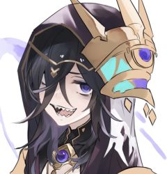 Rule 34 | 1girl, black hair, commentary request, granblue fantasy, hair over one eye, hood, hood up, lich (granblue fantasy), looking at viewer, open mouth, purple eyes, sharp teeth, simple background, smile, solo, teeth, white background, yakota (usuk-yako)