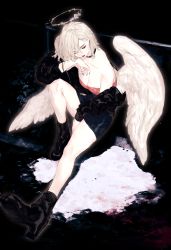 Rule 34 | 1girl, absurdres, angel wings, bad id, bad pixiv id, bare shoulders, black jacket, black neckwear, blue nails, blue skirt, boots, bracelet, breasts, bush, choker, cleavage, closed mouth, commentary, eyeshadow, feathered wings, from above, full body, grey hair, hair between eyes, halo, highres, jacket, jewelry, large breasts, leaf, lipstick, long sleeves, looking away, makeup, miniskirt, mole, mole under eye, nail polish, off shoulder, original, ozyako, plant, red lips, sitting, skirt, solo, wings