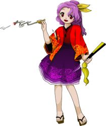 Rule 34 | 1girl, :d, dress, geta, hand fan, japanese clothes, kimono, kiseru, komakusa sannyo, lowres, official art, open mouth, patterned, ponytail, purple dress, purple hair, red eyes, red kimono, sandals, smile, smoke, smoking pipe, solo, touhou, transparent background, unconnected marketeers, zun (artist)