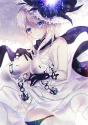 Rule 34 | 10s, 1girl, absurdres, abyssal ship, bad id, bad twitter id, black gloves, black scarf, blue eyes, blush, breasts, cleavage, colored skin, elbow gloves, gloves, hand on breast, highres, kantai collection, kimpeul, large breasts, looking at viewer, medium hair, panties, pantyshot, scarf, seaport summer princess, solo, standing, underwear, white hair, white skin