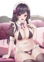 Rule 34 | 1girl, :d, arm support, bikini, black bikini, black hair, black thighhighs, blush, breasts, commentary request, couch, hair ribbon, highres, large breasts, long hair, looking at viewer, maid, maid bikini, maid headdress, medium breasts, multicolored hair, navel, open mouth, original, pink hair, ribbon, sitting, skindentation, smile, solo, streaked hair, swimsuit, thick thighs, thighhighs, thighs, tooga mashiro, two-tone hair, unconventional maid, wide hips