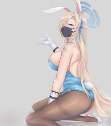 Rule 34 | 1girl, absurdres, animal ears, ass, asuna (blue archive), asuna (bunny) (blue archive), bare shoulders, blue archive, blue eyes, blue leotard, blush, boomer mountain, bow, bowtie, breasts, detached collar, elbow gloves, fake animal ears, from side, gloves, grey background, hair over one eye, hairband, halo, high heels, highres, kneeling, large breasts, leotard, light brown hair, long hair, looking at viewer, looking to the side, mask, mouth mask, one eye covered, pantyhose, playboy bunny, rabbit ears, simple background, solo, thighs, traditional bowtie, white footwear, white gloves, white hairband