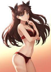 Rule 34 | 1girl, aqua eyes, bare arms, bare legs, bare shoulders, black ribbon, blush, bow, bow bra, bow panties, bra, breasts, brown hair, cleavage, closed mouth, collarbone, commentary request, fate/stay night, fate (series), floating hair, gradient background, hair ribbon, hand on own chin, hand up, highres, lace, lace-trimmed bra, lace-trimmed panties, lace trim, legs, lingerie, long hair, looking at viewer, mashuu (neko no oyashiro), navel, neck, panties, parted bangs, red bra, red panties, ribbon, small breasts, smile, solo, standing, stomach, thighs, tohsaka rin, two side up, type-moon, underwear, underwear only