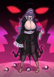 Rule 34 | 1girl, absurdres, black background, black dress, black pantyhose, boots, breasts, brown footwear, cleavage, cleavage cutout, clothing cutout, creatures (company), dress, fishnet pantyhose, fishnets, full body, game freak, hex maniac (pokemon), highres, huge breasts, lemonbizate, long hair, long sleeves, matching hair/eyes, nintendo, nun, pantyhose, pink background, poke ball, poke ball (basic), pokemon, pokemon xy, purple eyes, purple hair, sleeves past wrists, smile, solo, standing, torn clothes