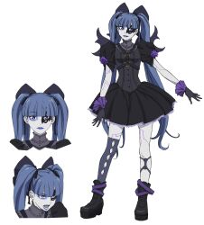 Rule 34 | 1girl, black dress, black gloves, black ribbon, black socks, blue hair, boots, closed mouth, dress, gloves, head out of frame, highres, looking at viewer, metallic rouge, open mouth, opera (metallic rouge), purple eyes, ribbon, simple background, smile, socks, solo, transparent background