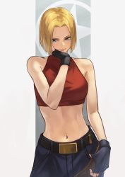 Rule 34 | 1girl, absurdres, aqua eyes, bare arms, bare shoulders, belt, black gloves, black pants, blonde hair, blue mary, breasts, closed mouth, cowboy shot, crop top, fatal fury, fingerless gloves, forehead, gloves, hand on own face, hara kenshi, highres, lips, looking at viewer, medium breasts, navel, pants, short hair, snk, solo, star (symbol), stomach, the king of fighters, toned, v-shaped eyebrows