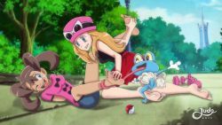Rule 34 | bag, barefoot, blonde hair, bracelet, brown hair, creatures (company), crying, dark skin, feet, tickling feet, froakie, game freak, gen 6 pokemon, green eyes, hands on feet, happy, hat, holding another&#039;s foot, holding with feet, jewelry, laughing, legs, nature, nintendo, poke ball, pokemon, pokemon (creature), quad tails, sandals, serena (pokemon), shauna (pokemon), shirt, shoes, short shorts, shorts, skirt, soles, sunglasses, tickling, toes, unworn shoes