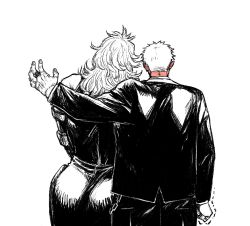 Rule 34 | 1boy, 1girl, arm at side, ass, blush, clenched hand, cowboy shot, dorohedoro, embarrassed, facing away, from behind, full-face blush, grey hair, height difference, hetero, highres, imminent hug, jacket, jewelry, ki (mxxxx), leaning on person, leaning to the side, long hair, long sleeves, muscular, muscular female, nervous, noi (dorohedoro), outstretched arm, pants, ring, shin (dorohedoro), short hair, simple background, skin tight, spot color, stitched fingers, stitched hand, trembling