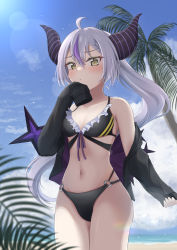 Rule 34 | 1girl, absurdres, ahoge, beach, bikini, black bikini, black horns, black jacket, blush, braid, braided bangs, breasts, cowboy shot, demon girl, demon horns, front-tie bikini top, front-tie top, grey hair, highres, hololive, horns, jacket, la+ darknesss, long hair, looking at viewer, multi-strapped bikini bottom, multi-strapped bikini top, multicolored hair, o-ring, o-ring bikini, off shoulder, open clothes, open jacket, purple hair, purple horns, slit pupils, small breasts, solo, standing, stomach, streaked hair, striped horns, swimsuit, tail, teruhoshi, very long hair, virtual youtuber, yellow eyes