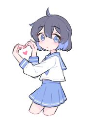 Rule 34 | 1girl, ahoge, black hair, blue eyes, blue hair, blue sailor collar, blue skirt, closed mouth, commentary request, cropped legs, hands up, heart, highres, honkai (series), honkai impact 3rd, korean commentary, long sleeves, multicolored hair, pleated skirt, puffy long sleeves, puffy sleeves, sailor collar, school uniform, seele vollerei, serafuku, shirt, simple background, skirt, solo, two-tone hair, velcozz, white background, white shirt