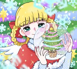 Rule 34 | 1girl, blonde hair, blush, blush stickers, bow, braided hair rings, capelet, christmas tree, closed mouth, eyelashes, fujishima moyu, fur-trimmed capelet, fur trim, green eyes, hair bow, hair rings, highres, long sleeves, looking at viewer, original, pink nails, red bow, red capelet, smile, snow globe, snowflakes, solo, upper body, white wings, wings
