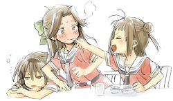 Rule 34 | 10s, aged down, blush, brown eyes, brown hair, closed eyes, feeding, jintsuu (kancolle), kantai collection, mori (unknown.), multiple girls, naka (kancolle), nerunerunerune, open mouth, school uniform, sendai (kancolle), short hair, sleepy, smile, two side up