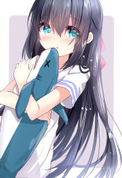 Rule 34 | 1girl, :o, black hair, blue eyes, blush, commentary request, dress, grey background, hair between eyes, highres, kouda suzu, long hair, looking at viewer, hugging object, original, parted lips, short sleeves, solo, stuffed animal, stuffed shark, stuffed toy, two-tone background, very long hair, white background, white dress, x x
