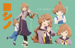 Rule 34 | 2girls, averting eyes, brown hair, character sheet, child, commentary request, finger to mouth, full body, hair bobbles, hair ornament, highres, long hair, long sleeves, looking at viewer, multiple girls, neckerchief, original, overalls, pantyhose, ponytail, sailor collar, school uniform, serafuku, shoes, short hair, simple background, skirt, sleeves rolled up, smile, sneakers, sweatdrop, time paradox, translation request, upper body, yasuda genshou, yoshino (yasuda genshou)