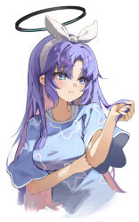 Rule 34 | 1girl, absurdres, blue archive, blue eyes, blue shirt, blush, breasts, closed mouth, halo, highres, large breasts, long hair, mechanical halo, official alternate costume, purple hair, sakanafish, shirt, short sleeves, simple background, solo, upper body, white background, yuuka (blue archive)