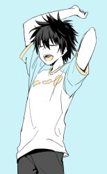 Rule 34 | 1boy, anninn do fu, arms up, black hair, blue background, closed eyes, commentary request, cowboy shot, kamijou touma, male focus, open mouth, shirt, short hair, short sleeves, simple background, solo, stretching, t-shirt, teeth, toaru majutsu no index, toaru majutsu no index: old testament, upper teeth only