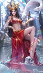 Rule 34 | 1girl, absurdres, anklet, armlet, bad link, brown hair, cai lin (doupo cangqiong), closed mouth, collar, doupo cangqiong, earrings, full body, fupo alian, hair ornament, highres, jewelry, light, long hair, looking at viewer, metal collar, navel, pointy ears, red skirt, red tube top, second-party source, sitting, skirt, skull, snake, strapless, thrown, tube top