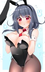 Rule 34 | 1girl, :o, absurdres, ahoge, animal ears, black leotard, blue background, blush, border, bow, bowtie, breasts, brown pantyhose, detached collar, embarrassed, fake animal ears, gradient background, hair flaps, hands on own chest, highres, kantai collection, large breasts, leotard, low twintails, pantyhose, pia (botamochinjufu), playboy bunny, purple hair, rabbit ears, red eyes, solo, strapless, strapless leotard, taigei (kancolle), traditional bowtie, twintails, white border, wrist cuffs