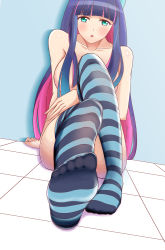 Rule 34 | 1girl, absurdres, aqua eyes, blush, breasts, censored, collarbone, feet, female focus, foot focus, hair over breasts, highres, large breasts, crossed legs, long hair, looking at viewer, multicolored hair, no shoes, nude, on ground, panty &amp; stocking with garterbelt, pink hair, purple hair, sitting, soles, solo, stocking (psg), thighhighs, toes, tomoka
