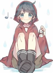 Rule 34 | 10s, 1girl, :3, androgynous, bad anatomy, black footwear, black hair, boots, commentary, green eyes, highres, holding, hood, hooded jacket, jacket, kantai collection, knees up, kvlen, looking at viewer, mikuma (kancolle), mogami (kancolle), no nose, rubber boots, short hair, sitting, solo, teruterubouzu, water drop