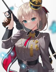 Rule 34 | 1girl, absurdres, belt, blush, borchardt c-93, breasts, bug, butterfly, c-93 (girls&#039; frontline), commentary, english commentary, girls&#039; frontline, gun, handgun, hat, highres, insect, looking at viewer, medal, medium breasts, medium hair, military, military uniform, pistol, rynzfrancis, smile, solo, trigger discipline, uniform, weapon, white background
