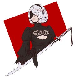 1girl 2b_(nier:automata) artist_logo black_blindfold black_dress black_hairband blindfold breasts cleavage_cutout clothing_cutout commentary dress hairband katana mole mole_under_mouth nier:automata nier_(series) puffy_sleeves short_hair solo sword tigre_cotone upper_body weapon white_hair