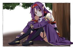 Rule 34 | 1girl, ahoge, armor, bare shoulders, boots, border, breastplate, detached sleeves, fairy (sao), full body, hairband, highres, long hair, looking at viewer, nemu (46 2367teimei), outside border, pointy ears, purple armor, purple hair, red eyes, red hairband, sitting, smile, solo, sword art online, thigh boots, tree, white border, yuuki (sao)
