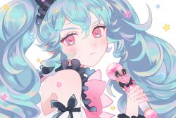 Rule 34 | 1girl, bare shoulders, biskekun, black ribbon, blue hair, blush, bow, closed mouth, commentary request, from side, frown, hair between eyes, hand up, highres, holding, holding microphone, idol land pripara, katasumi amari, long hair, looking at viewer, microphone, pink bow, pretty series, pripara, ribbon, solo, star (symbol), twintails, upper body, white background