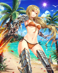 Rule 34 | 1girl, armor, armored boots, bikini, bird, blonde hair, blue sky, boots, breasts, cleavage, day, floating hair, from below, gabiran, gauntlets, gluteal fold, holding, holding sword, holding weapon, lens flare, long hair, looking at viewer, medium breasts, navel, orange bikini, outdoors, outstretched arm, palm tree, parted lips, petals, ponytail, red eyes, shiny skin, side-tie bikini bottom, sky, solo, standing, sun, swimsuit, sword, tenkuu no crystalia, tree, underboob, very long hair, weapon