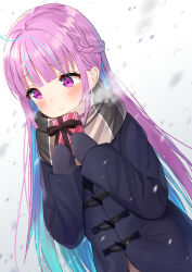 Rule 34 | 1girl, absurdres, averting eyes, black coat, black mittens, black ribbon, blue hair, blunt bangs, blush, box, braid, breath, coat, colored inner hair, commentary request, duffel coat, dutch angle, french braid, gift, gift box, gradient background, grey scarf, highres, holding, holding gift, hololive, long hair, long sleeves, looking down, minato aqua, mittens, motion blur, multicolored hair, nari (narikashi), plaid, plaid scarf, purple eyes, purple hair, ribbon, scarf, snowing, solo, straight hair, tareme, two-tone hair, upper body, valentine, very long hair, virtual youtuber, white background, winter