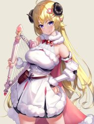 Rule 34 | 1girl, ahoge, animal ears, aya (lezon), bare shoulders, belt, belt pouch, blonde hair, brown belt, cape, contrapposto, detached sleeves, dress, fur-trimmed dress, fur trim, gem, grey background, hair ornament, hairclip, hand on own hip, harp, head tilt, highres, hololive, horns, instrument, long hair, looking at viewer, pink cape, pouch, purple eyes, sheep horns, simple background, smile, solo, taut clothes, taut dress, tsunomaki watame, tsunomaki watame (1st costume), very long hair, virtual youtuber, white dress