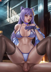 Rule 34 | 1boy, 1girl, alexander dinh, bikini, black thighhighs, breasts, censored, choker, cleavage, collarbone, cone hair bun, detached sleeves, flaccid, genshin impact, gloves, hair bun, hair ears, hair ornament, head out of frame, hetero, highres, imminent penetration, imminent vaginal, keqing (genshin impact), large breasts, lips, long hair, looking at viewer, mole, mole on breast, mosaic censoring, navel, parted lips, penis, purple bikini, purple choker, purple eyes, purple gloves, purple hair, sitting, sitting on person, swimsuit, testicles, thighhighs, veins, veiny penis