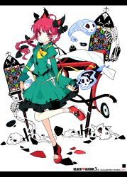 Rule 34 | 1girl, ahoge, animal ears, asymmetrical footwear, braid, cat ears, cat girl, cat tail, extra ears, female focus, ghost, highres, ideolo, kaenbyou rin, looking at viewer, mismatched footwear, multiple tails, nekomata, pointy ears, red eyes, red hair, skull, smile, solo, tail, touhou, twin braids