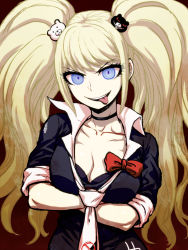 Rule 34 | 10s, 1girl, :p, blonde hair, blue eyes, breasts, cleavage, collarbone, crossed arms, danganronpa (series), danganronpa: trigger happy havoc, enoshima junko, hair ornament, highres, itou yuuji, jewelry, large breasts, long hair, looking at viewer, loose necktie, necklace, necktie, sketch, sleeves rolled up, smile, solo, spoilers, tongue, tongue out, twintails, upper body