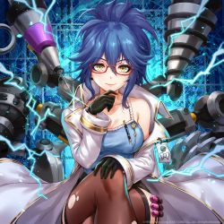 Rule 34 | 1girl, bare shoulders, black gloves, blue background, blue hair, breasts, brown thighhighs, camisole, character request, cleavage, coat, collarbone, crossed legs, drill, electricity, glasses, gloves, hair between eyes, hand up, highres, long sleeves, looking at viewer, medium breasts, off shoulder, overhit, red-framed eyewear, sakiyamama, short hair, sitting, smile, solo, thighhighs, white coat, yellow eyes