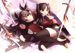 Rule 34 | 2girls, age difference, ass, black hair, blue eyes, child, dual persona, fate/stay night, fate/zero, fate (series), highres, kyuri tizu, long hair, long legs, multiple girls, onee-loli, sword, thighhighs, tohsaka rin, two side up, weapon, yuri