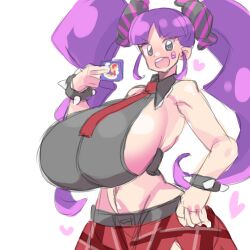 Rule 34 | 1girl, akan mori, black eyes, black shirt, bracelet, breasts, character request, female focus, holding, huge breasts, jewelry, long hair, looking at viewer, midriff, open mouth, purple hair, red skirt, shirt, sideboob, sidelocks, skirt, solo, spiked bracelet, spikes, standing, twintails, very long hair, white background, wide hips