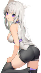 Rule 34 | 1girl, adjusting clothes, adjusting legwear, akizone, animal ears, ass, black footwear, black shorts, black thighhighs, blush, breasts, feet out of frame, from behind, high heels, highres, large breasts, leg up, long hair, looking at viewer, looking back, original, purple eyes, shirt, short shorts, shorts, sideboob, sidelocks, silver hair, simple background, skindentation, sleeveless, sleeveless shirt, solo, standing, standing on one leg, thighhighs, underbust, very long hair, white background, white shirt