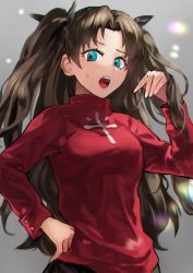 1girl, bangs, black bow, black hair, black ribbon, blue eyes, bow, breasts, collared shirt, cross, fate/stay night, fate (series), grey background, hair ribbon, hand in hair, hand on hip, hand up, highres, long hair, long sleeves, looking at viewer, medium breasts, open mouth, otsudou, parted bangs, red shirt, ribbon, shirt, simple background, solo, sweat, sweatdrop, tohsaka rin, twintails, upper body