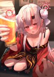 Rule 34 | alcohol, alternate costume, alternate hairstyle, beer, black ribbon, blurry, blurry background, blush, breasts, cleavage, collarbone, commentary, double bun, drunk, earrings, flower earrings, foreshortening, hair bun, hair ribbon, highres, hololive, horns, japanese clothes, jewelry, jitome, kimono, looking at viewer, medium breasts, multicolored hair, nakiri ayame, off shoulder, oni, pov, pov hands, poyoyo (nakiri ayame), red eyes, red hair, red kimono, ribbon, sitting, skin-covered horns, squeans, streaked hair, sweat, varsoligt, virtual youtuber, white hair, yokozuwari