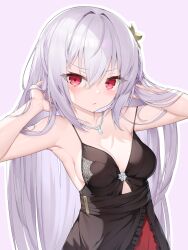 Rule 34 | 1girl, bare arms, bare shoulders, black dress, breasts, closed mouth, collarbone, commentary request, dress, frilled dress, frills, grey hair, hair between eyes, hands in hair, hands up, long hair, looking at viewer, original, outline, purple background, red eyes, rekareka, simple background, sleeveless, sleeveless dress, small breasts, solo, upper body, v-shaped eyebrows, very long hair, white outline